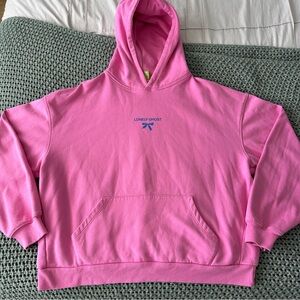 LONELY GHOST Pink Hoodie with Blue Bow Logo